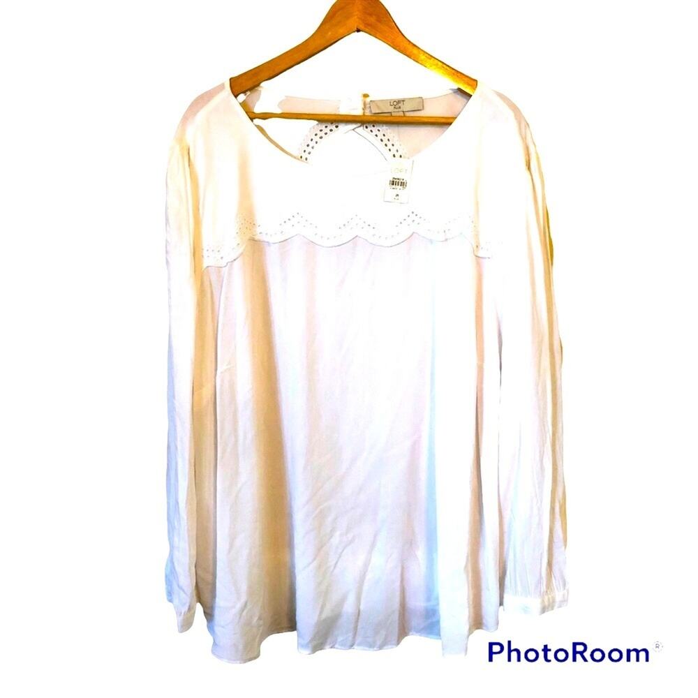 NWT Loft Plus White Long Sleeve Blouse Women's Size 26 Eyelet Blouse Viscose Top